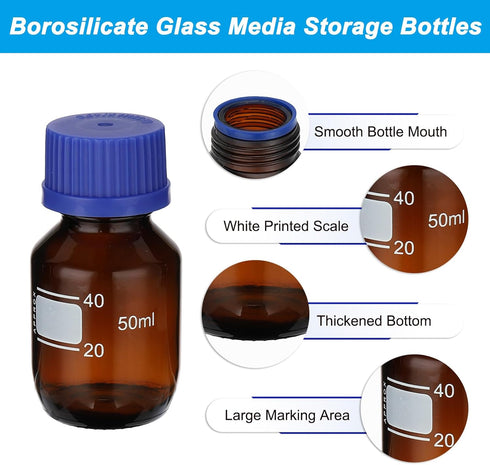 PATIKIL 6 Pack Reagent Media Storage Bottles, 50ml Borosilicate Glass with GL32 Blue Screw Cap