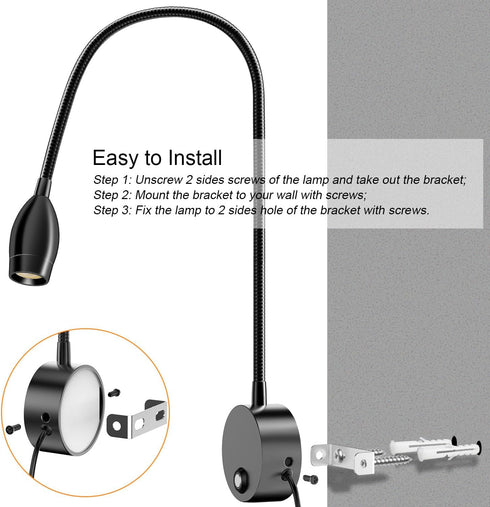 3 Dimmable, 360Flexible 3000k-6000k-1 Pack ERAY LED Wall Mounted Reading Light, Bedside Reading Lights for Bed
