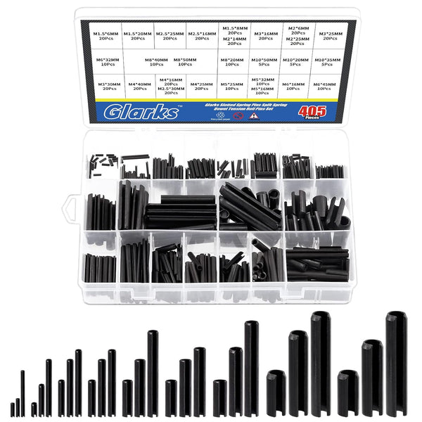 Glarks 405Pcs Roll Pin Assortment Set, 27 Sizes Slotted Spring Pins for Home Improvement and Automotive Repair