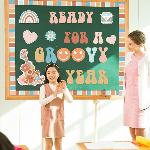 ZOiiWA Groovy Retro Bulletin Board Decoration Set Boho Hippie Classroom Kit with School Bus and Guitar Cutouts