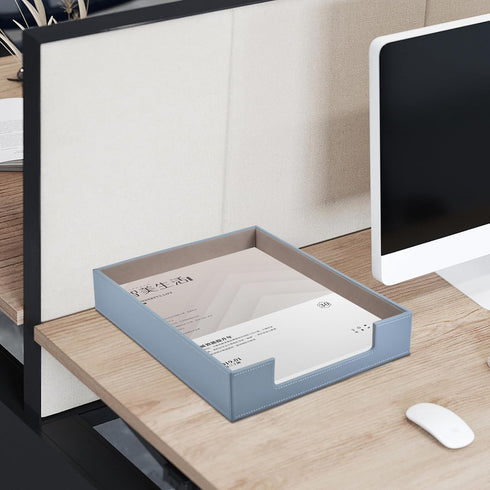 Leather Letter Tray, Stackable File Document Tray, Desk Organizer for A4 Paper, Grey Desktop Storage