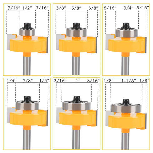 yqlbgprj Set 6 1/4-Inch 4Pcs (1/8"3/8" 1/2" 1/2" 1/4" Rabbeting Router Bit with Bearings, Shank, Bits to Height)