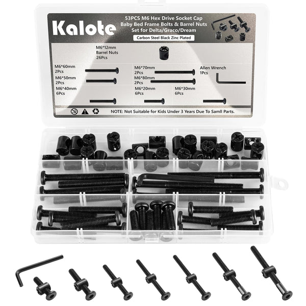 Kalote 53PCS Crib Screws Hardware Replacement Kit, Baby Bed Frame Bolts & Barrel