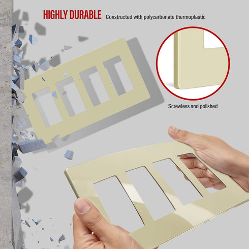 ENERLITES Screwless Decorator Wall Plate, 4-Gang Size, Unbreakable Polycarbonate Thermoplastic, Ivory
