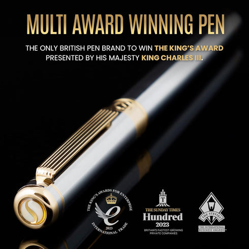 Scriveiner Silver Chrome Rollerball Pen - Luxury Pen with Real Gold Plating, Best Gift Set