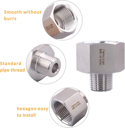 Forged Reducer Adapter Fitting, Stainless Steel 304 Reducing Pipe Connector, 1" NPT Female x 1/2" NPT Male, Pack of 5