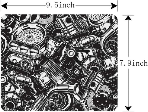 Gaming Mouse Pad with Automobile Car Parts Pattern, Monochrome Black and White Non-Slip Rubber for Computers