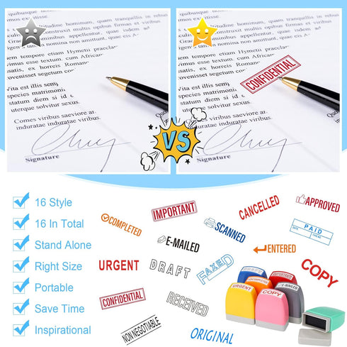 Crtiin 16 Pcs Office Stamp Set, Self Inking Rubber Stamps for Office Supplies