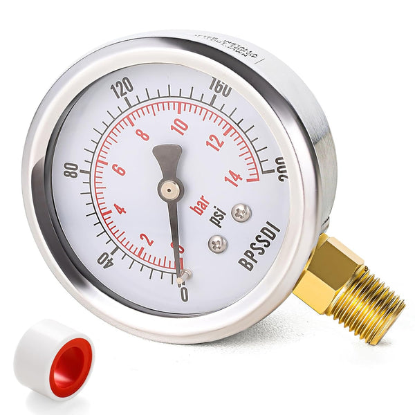 0-200 Psi Pressure Gauge, Dry Water Pressure Gauge, 2-1/2" Dial, 1/4" NPT Lower Mount, Stainless Steel Case