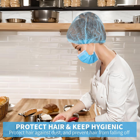 LEOBRO 50PCS Hair Nets for Food Service Workers - Disposable Non-woven Bouffant Caps for Kitchen, Blue, 21 Inch
