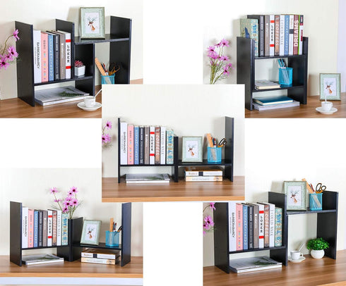 PAG Adjustable Desktop Shelf Wood Small Bookshelf Desk Supplies Organizers and Accessories Storage Display Rack, Black