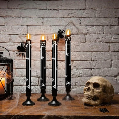 Set 4 Eldnacele Halloween Flameless Flickering Taper Candles with Remote and Timer, Battery Operated Spider Web Decal