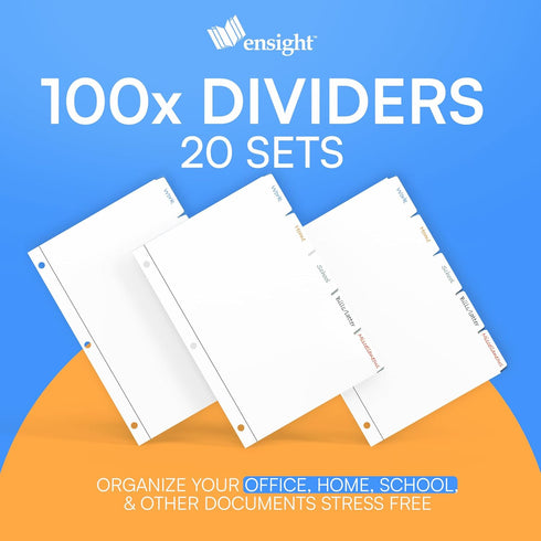 Ensight 3 Ring Page Dividers, Bulk 1/5 Cut Tab Dividers, 100 Per Box, Decorative Printable Rewritable Tabs