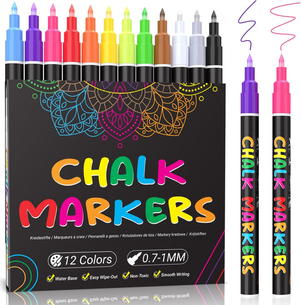 Liquid Chalk Markers Fine Tip, 12 Vibrant Colors, 1mm Wet Erase Markers, Chalk Markers for Blackboard, Glass, Windows,