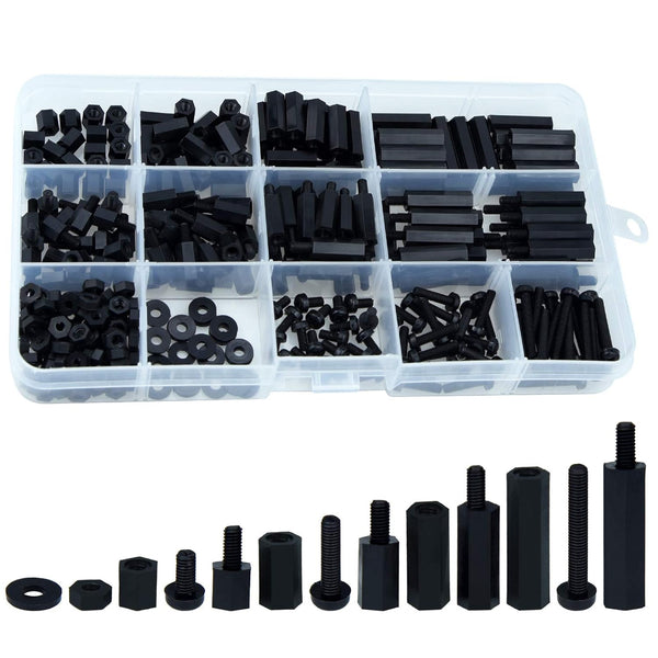 Lystaii 320pcs M3 Nylon Hex Standoff Kit, Male Female Screw Nut, PCB Motherboard Circuit Board Mounting Hardware (Black)