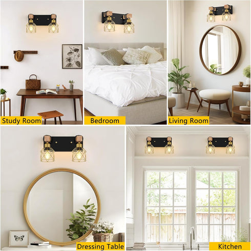 2-Light FadimiKoo Rustic Style Wood Bathroom Wall Sconces, Black Gold Bathroom Vanity Light Fixtures with Metal Shade