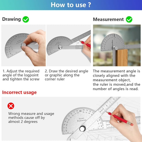 Stainless Steel Protractor, 180 Degrees Two Arm Ruler for Woodworking Angle Measure Tool