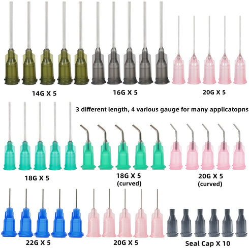 35 Pack 1ml, 3ml, 5ml, 10ml, 20ml, 30ml Dispenser, 14ga, 16ga, 18ga, 20ga, 22ga, Dispensing head and Caps, Refilling and Measuring Liquids