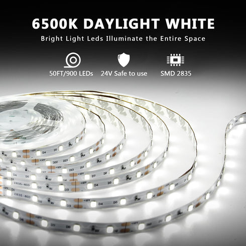 50ft Dimmable 24V 6500K 900 Adhesive2 25ft dalattin White LED Strip Lights Bright Led Light Strip Daylight White LEDs