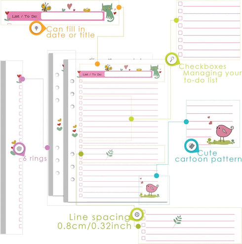 Rancco A5 Planner Inserts To Do List, 90 Pages Colorful 6-Ring Loose-leaf Refills with Binder Divider, Zipper Pouch,