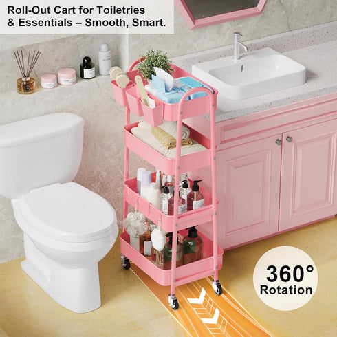 Recximi 4 Tier Rolling Cart Metal with Lockable Wheels, Four Tiered Pink Trolley Cart on Wheels, Utility Storage