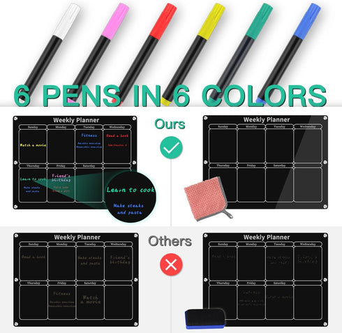 Magnetic Acrylic Monthly and Weekly Calendar for Fridge, Black Dry Erase Planning Board with 6 Colorful Markers and Pen