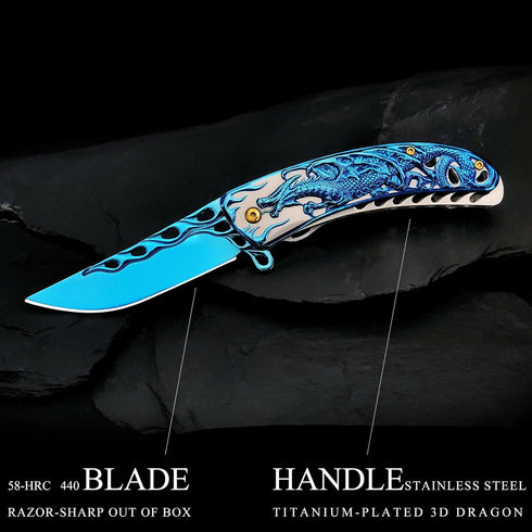 Pocket Knife for Men, Cool Folding Knife With 3D Blue Dragon Embossed Relief, Great Christmas Gift Edc Knife For Men Outdoor Survival Camping by Vividstill