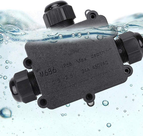 IP68 Waterproof Junction Box, M686 Outdoor Cable 3-Way Electrical Junction Box, Black Plastic