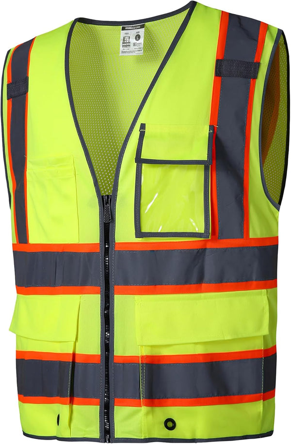 SKSAFETY 10 Pockets Safety Vest, Class 2 High Visibility Security with Zipper Back Mesh, Hi Vis Vest with Reflective
