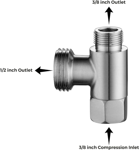 3/8 x 1/2 Adapter T Connector Valve, ADD-A-Tee 3 Way Valve Compression Fitting for Bidet Hose, Stainless Steel