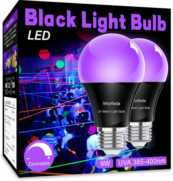 2 Pack LED Black Light Bulbs, A19 9W UV, Replace Up to 100W, E26 Base, Glow in the Dark for Body Pain & Halloween