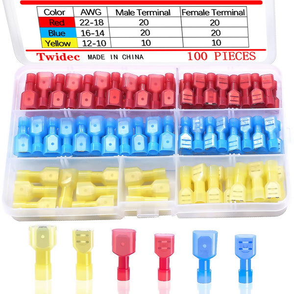 Twidec 100PCS Nylon Spade Connectors Kit, 22-10 Gauge Male and Female Quick Disconnect Fully Insulated