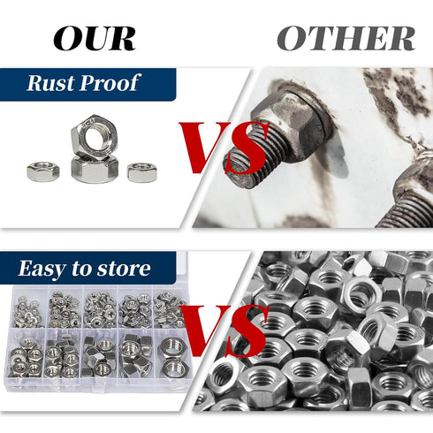 GOOBETTER 160PCS 304 4#40 6#32 8#32 10#24 10#32 12#24 1/4-20 5/16-18 3/8-16 1/2-13, SAE Hex Nuts Assortment Kit