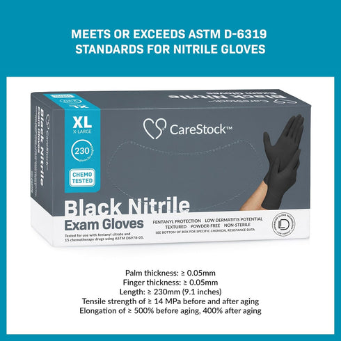 Black Nitrile Exam Gloves, Ultra-Strong Disposable Powder-Free Medical Gloves with Slip-Resistant Grip, X-Large, 230