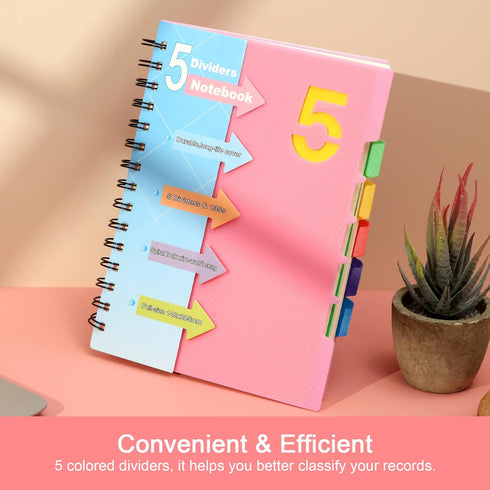 CAGIE 5 Subject Notebooks College Ruled Spiral Notebook 5x7 Hardcover Notebook with Divider Tabs 220 Pages Small Notebook for Work A5 Pink Spiral Notebook College Ruled Notebook for Note Taking School by CAGIE