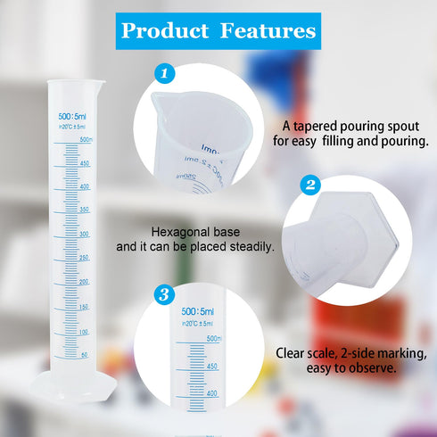 2pcs 500ml Plastic Graduated Cylinders, Lab Chemistry Measuring Set with Clear Graduations and Spout