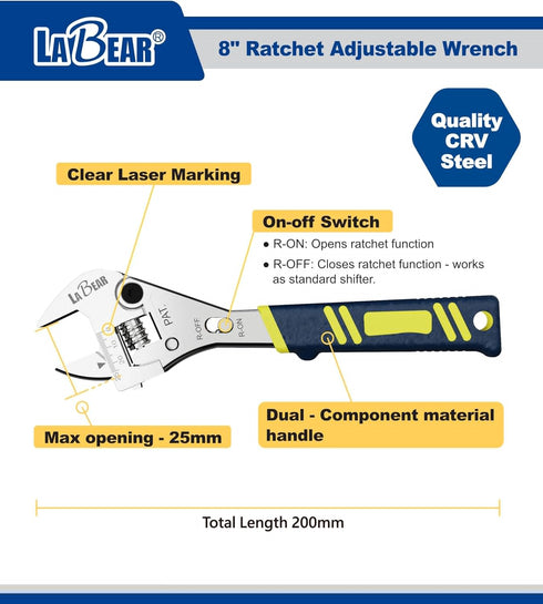LABEAR 8 Inch Long x 1 Inch Adjustable Ratchet Wrench