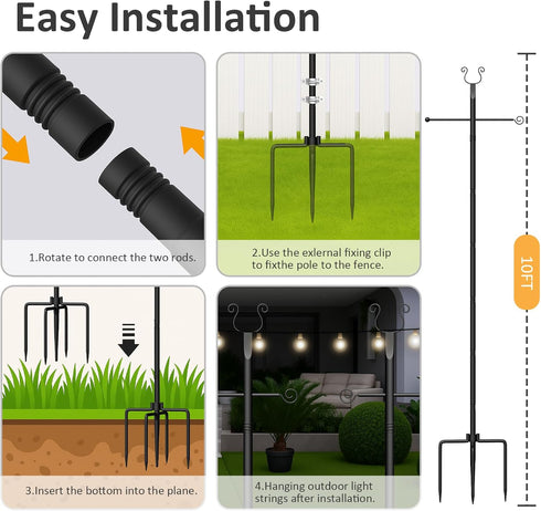 ShineU 2 Pack 10 String Light Poles - Ft Patio Heavy Metal Lighting Posts, Adjustable Outdoor Stand with Fork