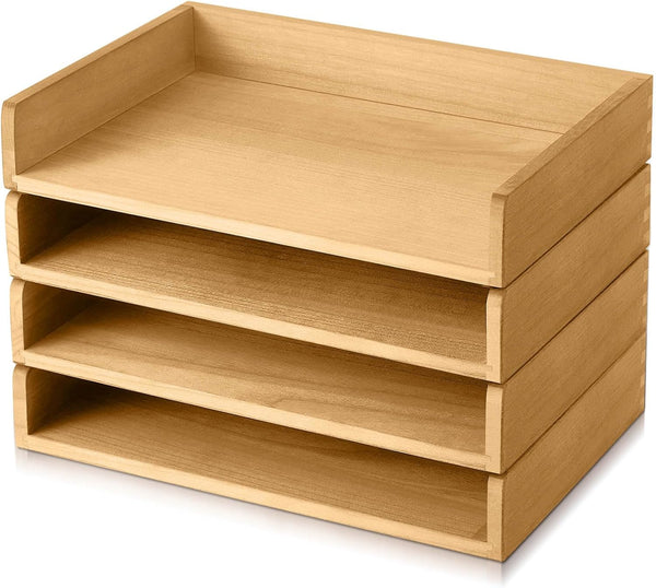 Yeaqee 4 Pcs Stackable Paper Tray, Desktop Letter Size Wood Desk Organizer for Office, Light Wood Color