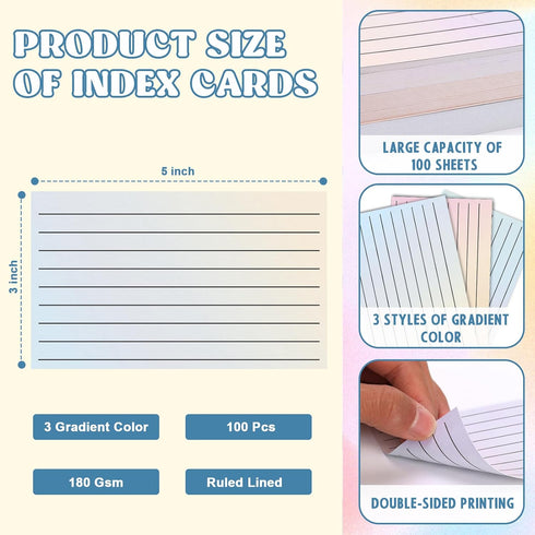 DOSTATNI 100 Pack 3x5 180gsm Ruled Index Cards Gradient Colored Index Cards Heavy Weight Note Cards Flashcards Double