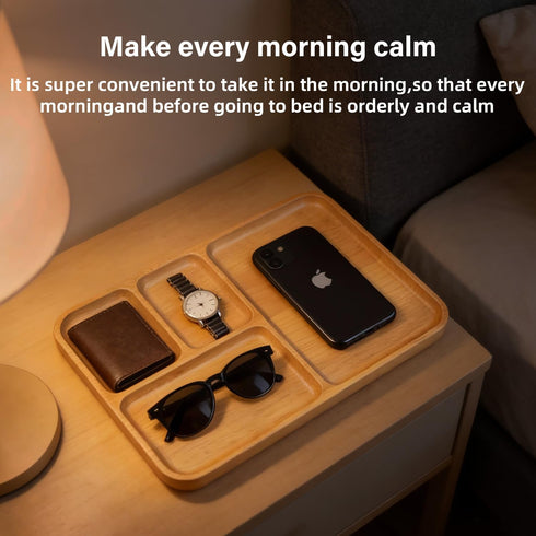 Oebberru 4 14x10x1'', Desk Drawer Organizer Tray Wooden Valet Trinket Catch All Key Nightstand Tray with Deep Dividers