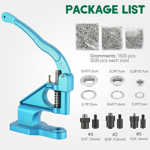 ATPEAM Hand Press Grommet Machine, Heavy Duty Industrial Eyelet Tool Kit, 3 Dies (#0#2#4), 1500 Grommets
