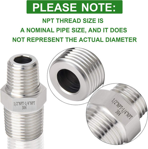 TAISHER 5PCS 304 Stainless Steel Hex Nipple, Reducer Pipe Fitting 1/2-Inch Male x 1/4-Inch Male