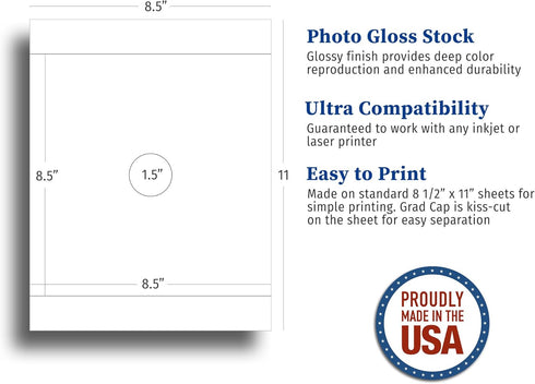 Blank White Adhesive Grad Hat Topper Sticker - Easy Graduation Cap Decorations, Printable with Inkjet or Laser Printers