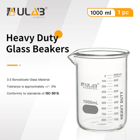 ULAB Heavy Duty Glass Beakers, Vol.1000ml (33.8oz), Borosilicate 3.3 Glass, Thick Wall Beakers, with Double Scale, Superior Durability & Chemical Resistance, UBG1064