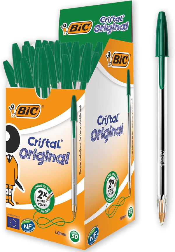 BIC Cristal Medium Smudge-free Ballpoint Pen, 1.0mm Tip, Green, Pack of 50