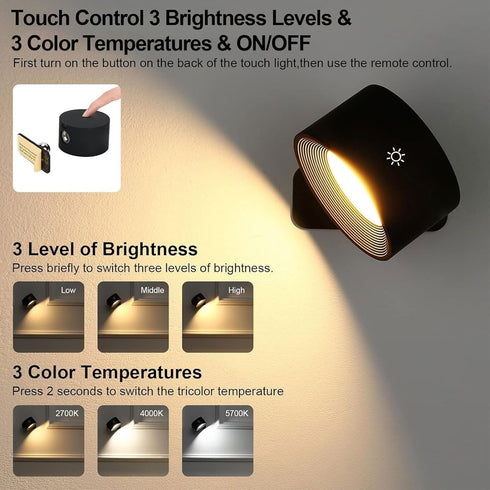Set 2, Dimmable 5000mAh Lightess Smart LED Wall Sconces of Wall Mounted Lamp with RGB Mode & APP Control, Rechargeable