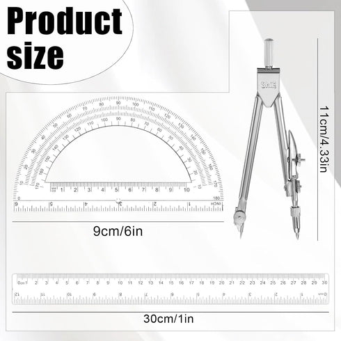 JJUNW Set, 3 12Inch Geometry Pcs Geometry Tools with Drawing Compass Clear Plastic Ruler Protractor Math Ruler