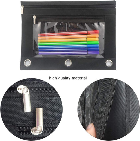 Enyuwlcm 3 Ring Binder Pencil Pouch - Durable Zipper Pencil Case with Clear Window, 2 Pocket Black Canvas, 4 Pack
