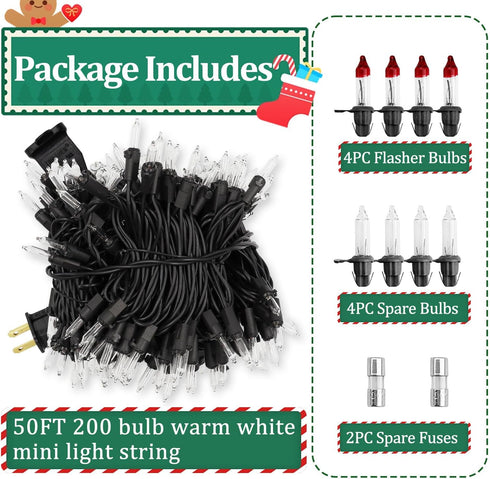 Filltown 50FT 200 Count Warm White Christmas Lights Outdoor, Incandescent Mini Christmas Lights Black Wire, Waterproof